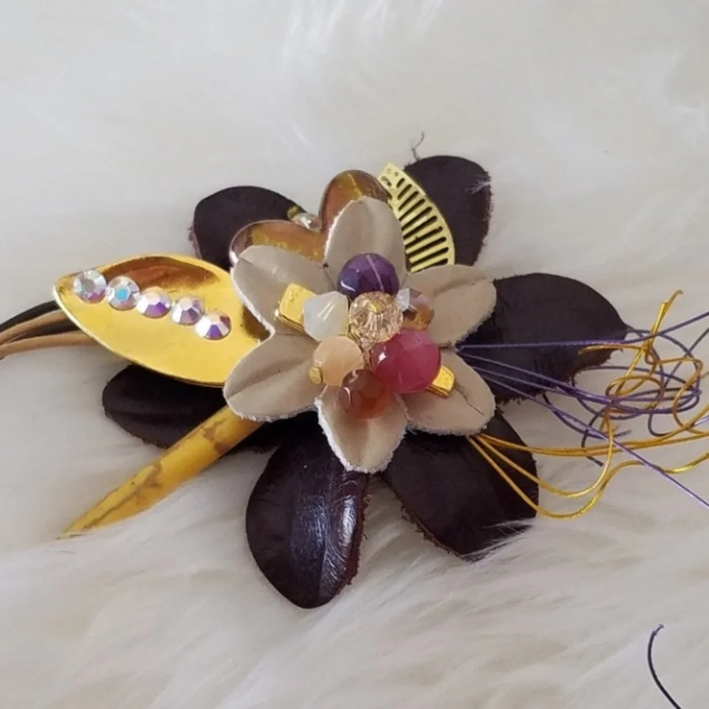 Swarovski Elements Genuine Brown Leather Flower Brooch - Handmade